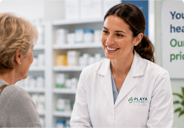 Pharmacist helping a patient at Playa Pharmacy
